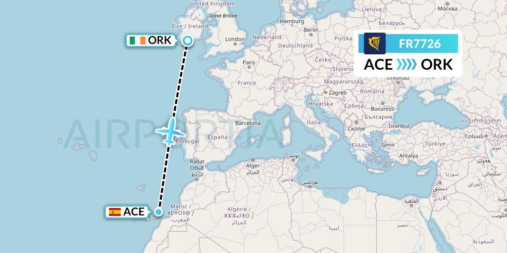 FR7726 Ryanair Flight Map: Lanzarote to Cork