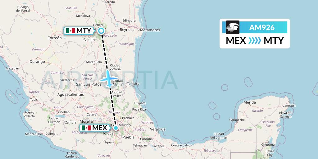 AM926 Aeromexico Flight Map: Mexico City to Monterrey