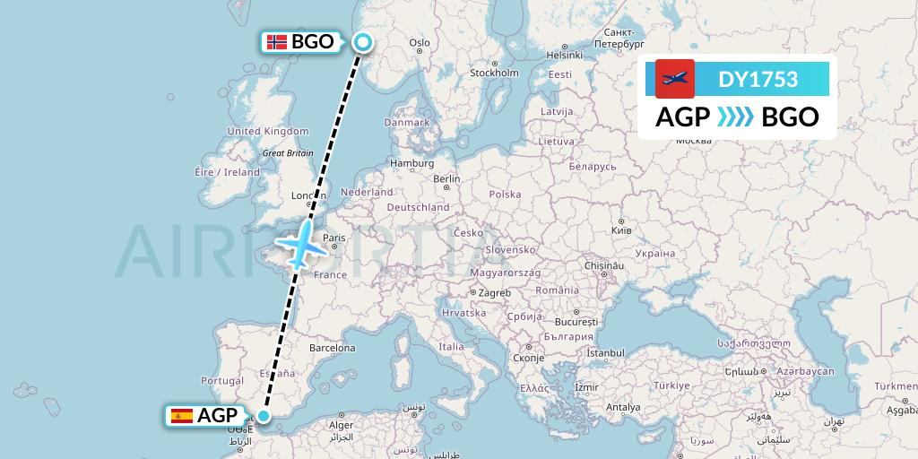 DY1753 Norwegian Flight Map: Malaga to Bergen