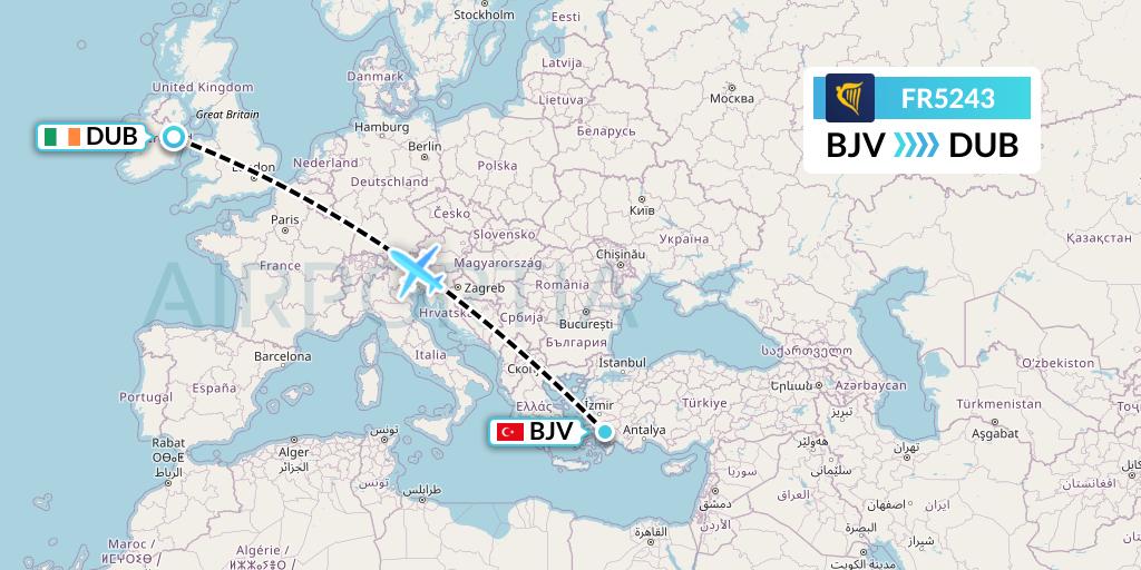 FR5243 Ryanair Flight Map: Bodrum to Dublin