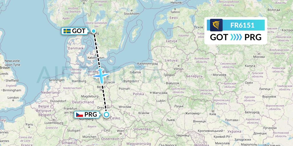 FR6151 Ryanair Flight Map: Gothenburg to Prague