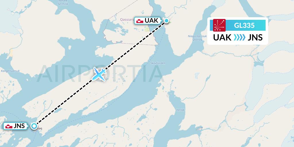 GL335 Air Greenland Flight Map: Narsarsuaq to Narsaq