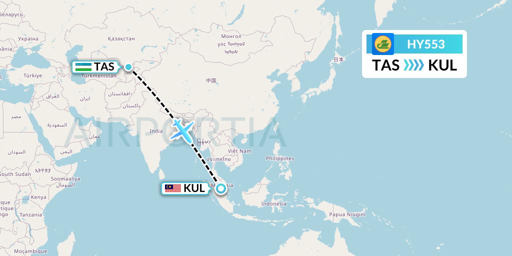 HY553 Uzbekistan Airways Flight Map: Tashkent to Kuala Lumpur