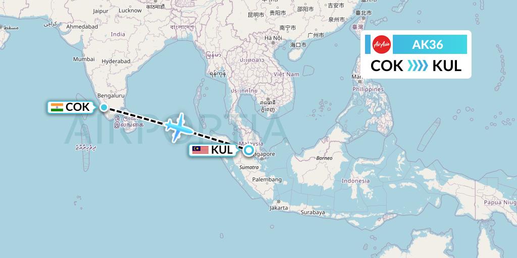 AK36 AirAsia Flight Map: Cochin to Kuala Lumpur