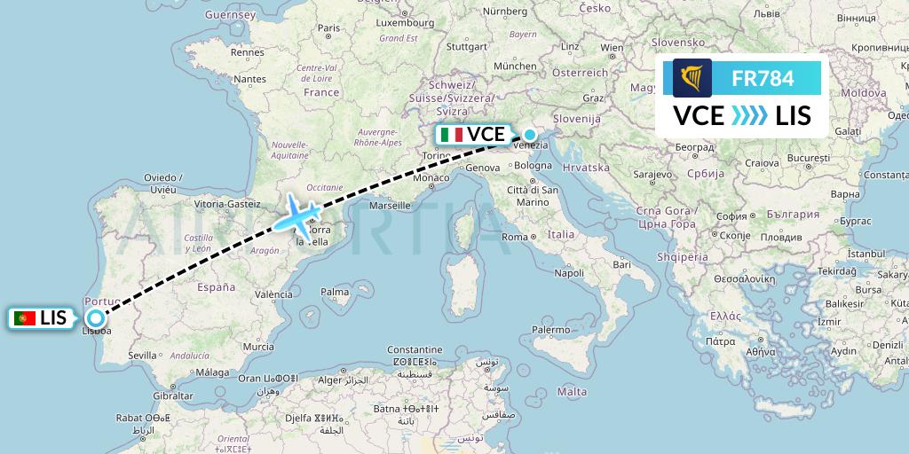 FR784 Ryanair Flight Map: Venice to Lisbon