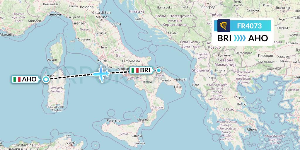 FR4073 Ryanair Flight Map: Bari to Alghero