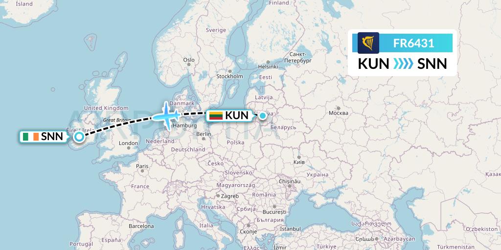 FR6431 Ryanair Flight Map: Kaunas to Shannon