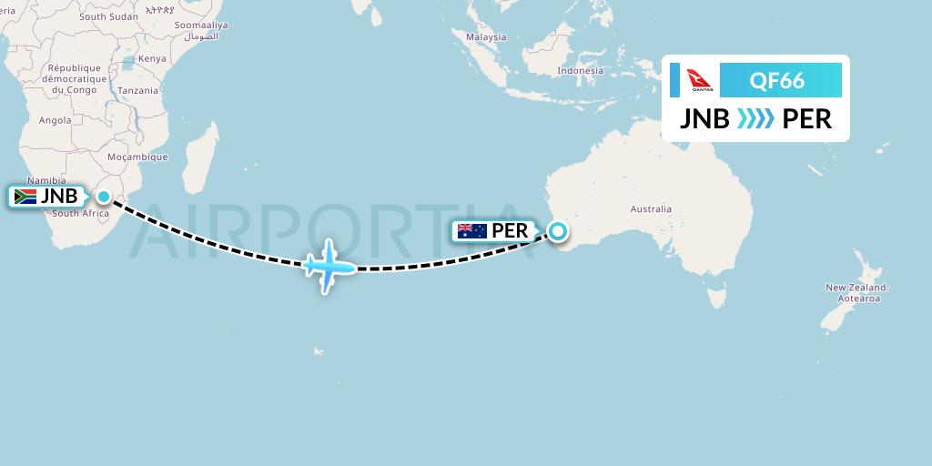 QF66 Qantas Flight Map: Johannesburg to Perth