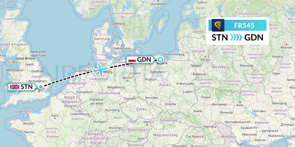 FR545 Ryanair Flight Map: London to Gdansk