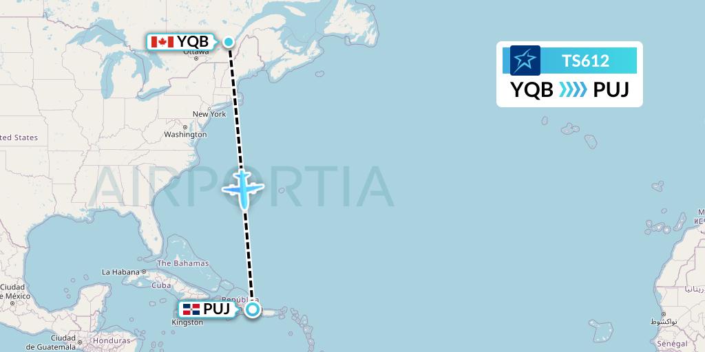 TS612 Air Transat Flight Map: Quebec to Punta Cana