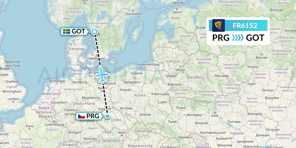 FR6152 Ryanair Flight Map: Prague to Gothenburg