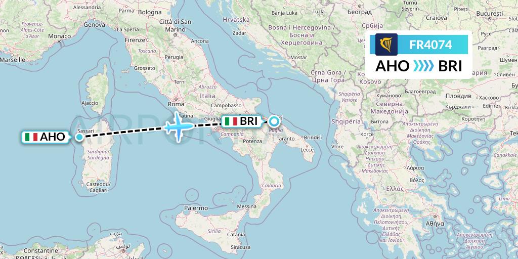 FR4074 Ryanair Flight Map: Alghero to Bari