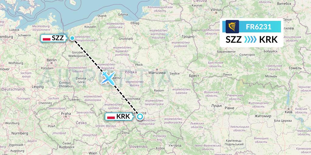 FR6231 Ryanair Flight Map: Szczecin to Krakow