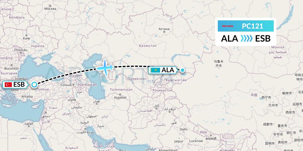 PC121 Pegasus Airlines Flight Map: Almaty to Ankara