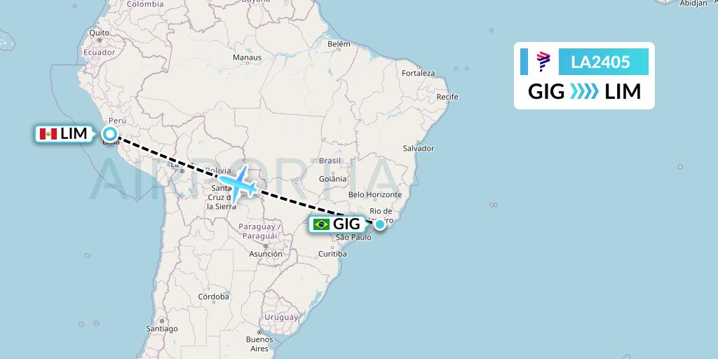 LA2405 LAN Airlines Flight Map: Rio de Janeiro to Lima