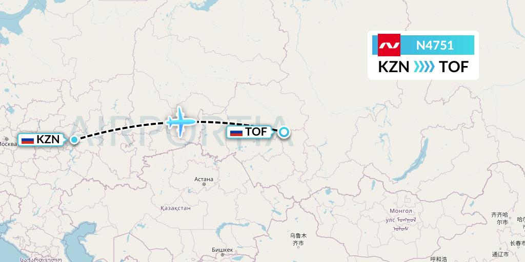 N4751 Nordwind Airlines Flight Map: Kazan to Tomsk