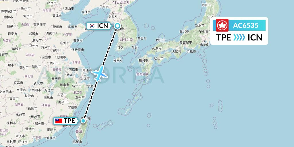 AC6535 Air Canada Flight Map: Taipei to Seoul