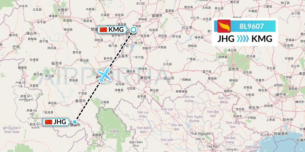8L9607 Lucky Air Flight Map: Jinghong to Kunming