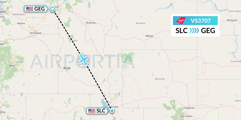 VS3707 Virgin Atlantic Airways Flight Map: Salt Lake City to Spokane