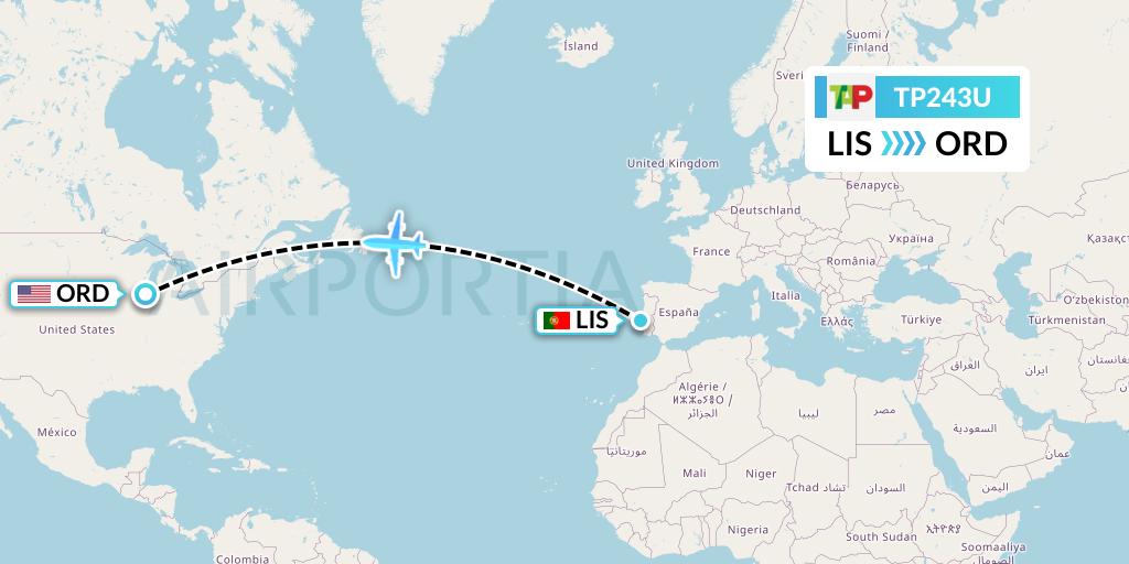 TP243U TAP Portugal Flight Map: Lisbon to Chicago