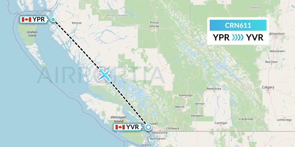 CRN611 Aerocaribbean Flight Map: Prince Rupert to Vancouver
