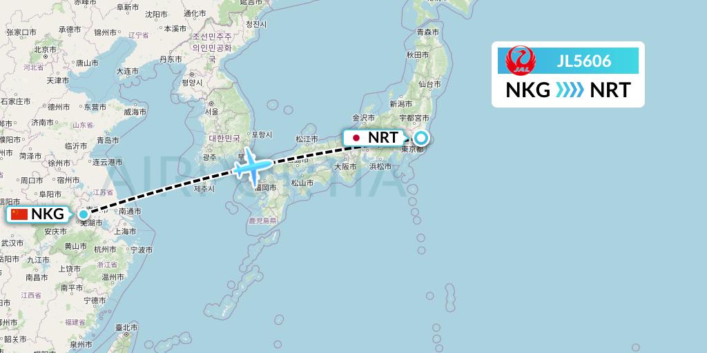 JL5606 Japan Airlines Flight Map: Nanjing to Tokyo