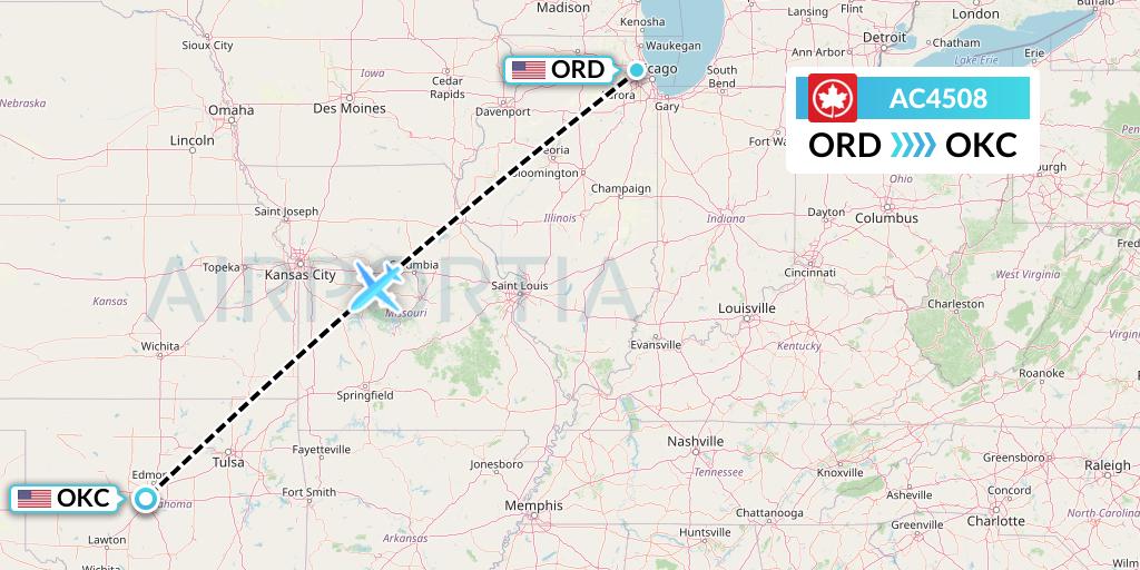 AC4508 Air Canada Flight Map: Chicago to Oklahoma City
