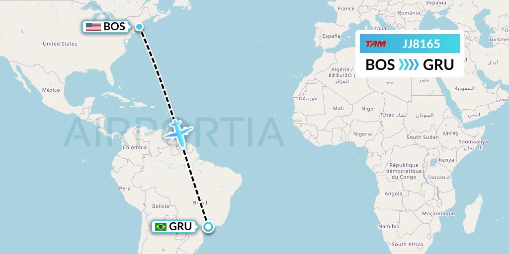 JJ8165 TAM Linhas Aereas Flight Map: Boston to Sao Paulo