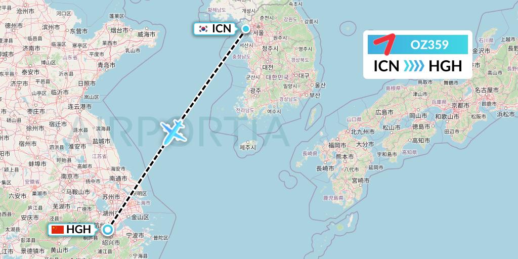 OZ359 Asiana Airlines Flight Map: Seoul to Hangzhou
