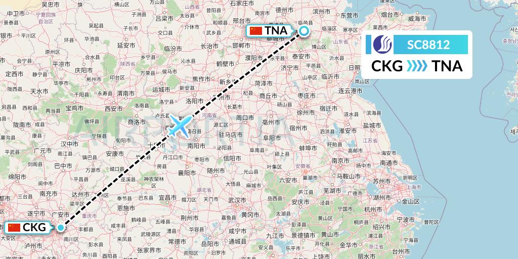 SC8812 Shandong Airlines Flight Map: Chongqing to Jinan