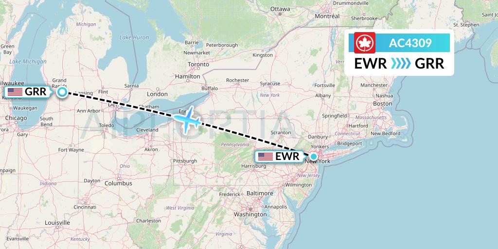 AC4309 Air Canada Flight Map: New York to Grand Rapids