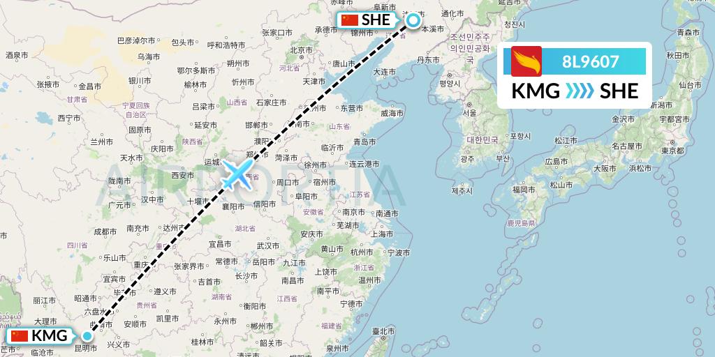 8L9607 Lucky Air Flight Map: Kunming to Shenyang