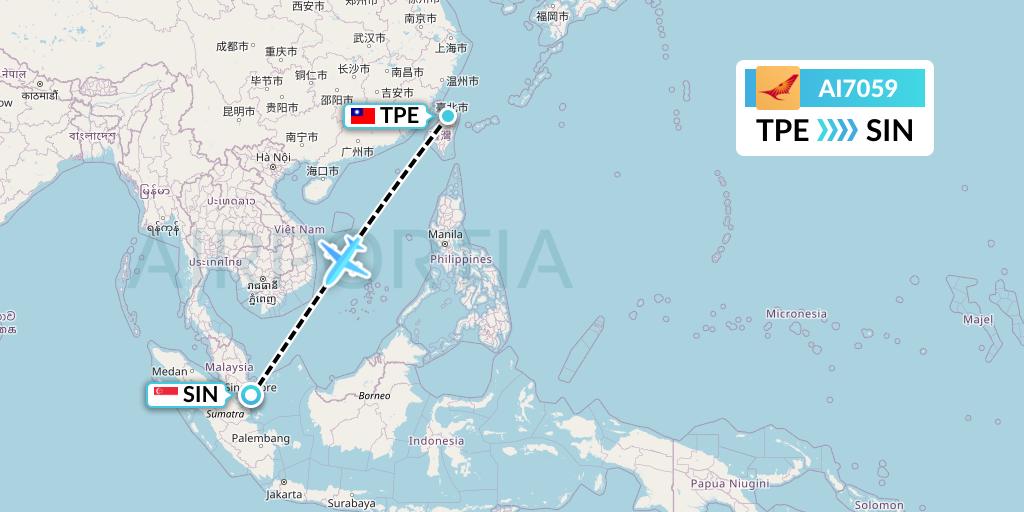 AI7059 Air India Flight Map: Taipei to Singapore