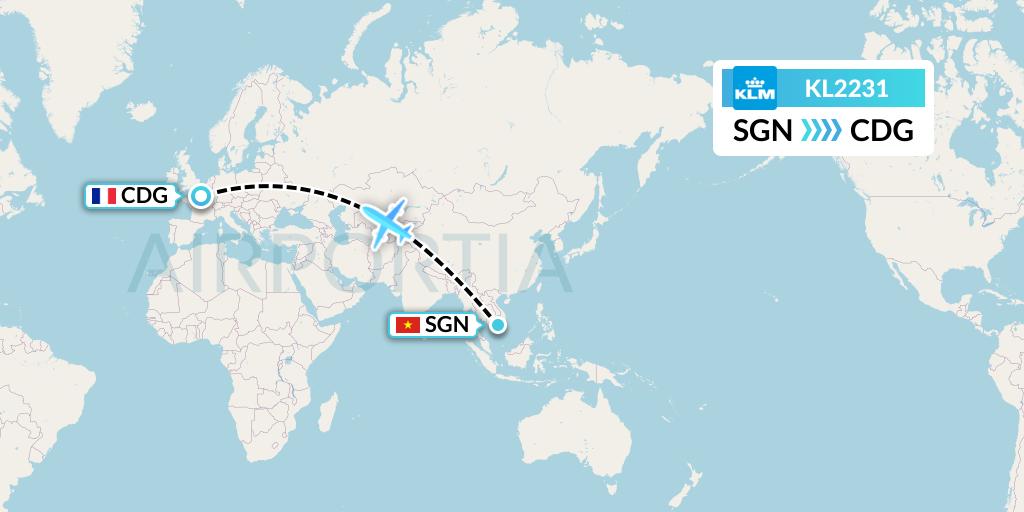 KL2231 KLM Flight Map: Ho Chi Minh City to Paris