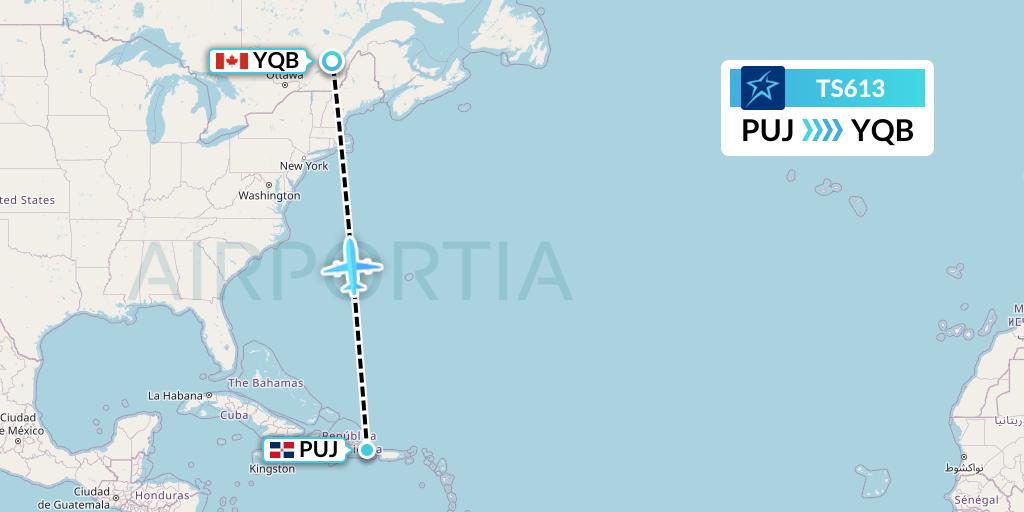 TS613 Air Transat Flight Map: Punta Cana to Quebec