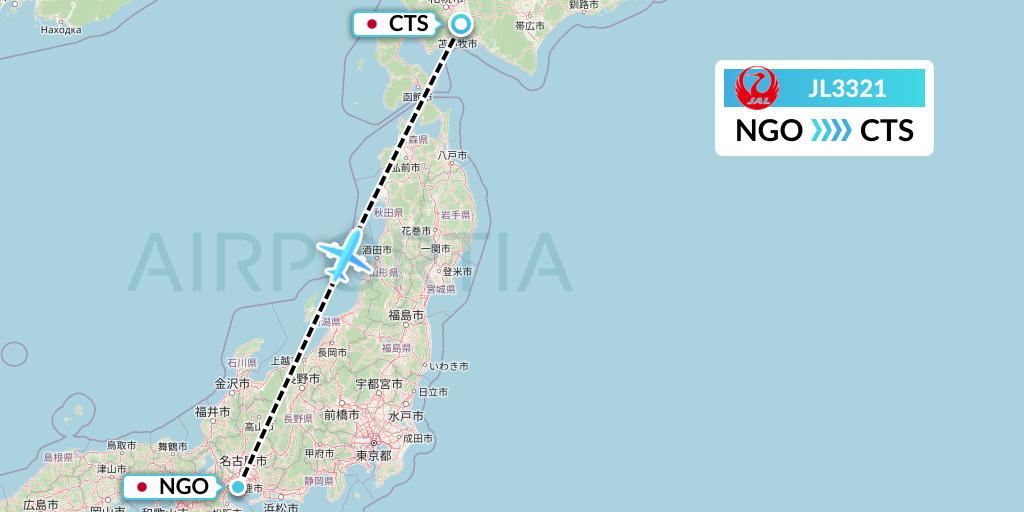 JL3321 Japan Airlines Flight Map: Nagoya to Sapporo