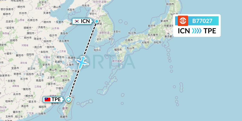 B77027 UNI Air Flight Map: Seoul to Taipei