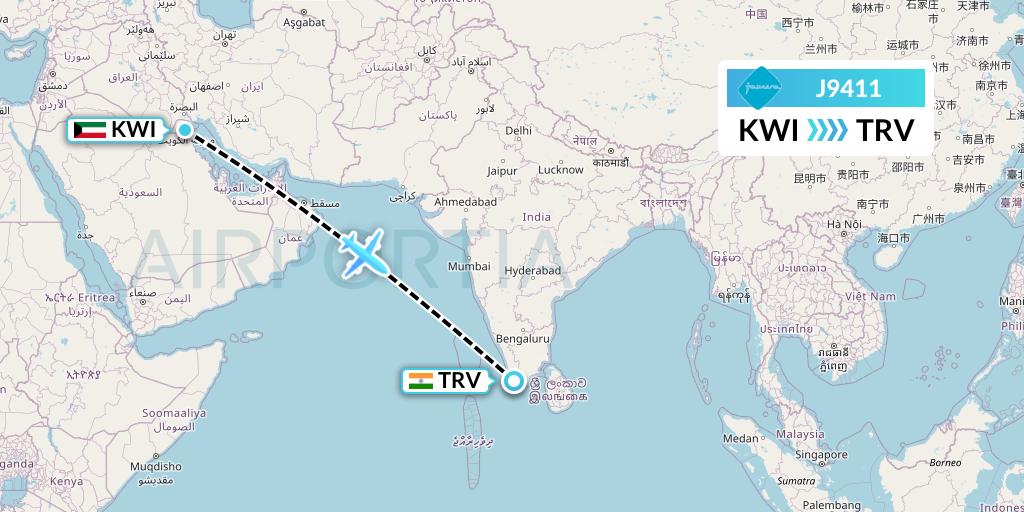 J9411 Jazeera Airways Flight Map: Kuwait City to Thiruvananthapuram