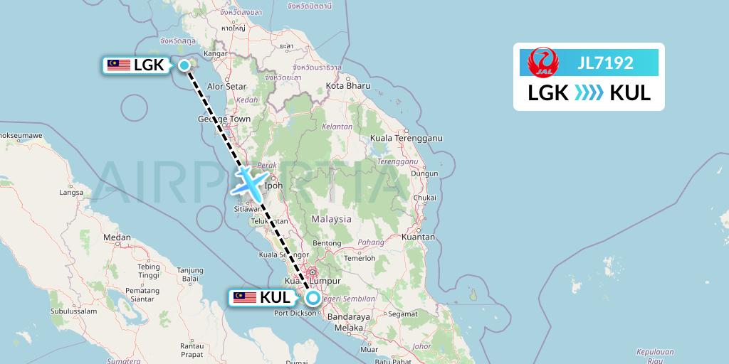 JL7192 Japan Airlines Flight Map: Langkawi to Kuala Lumpur