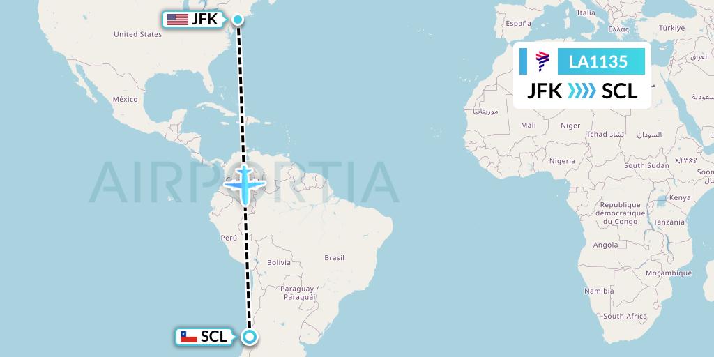 LA1135 LAN Airlines Flight Map: New York to Santiago