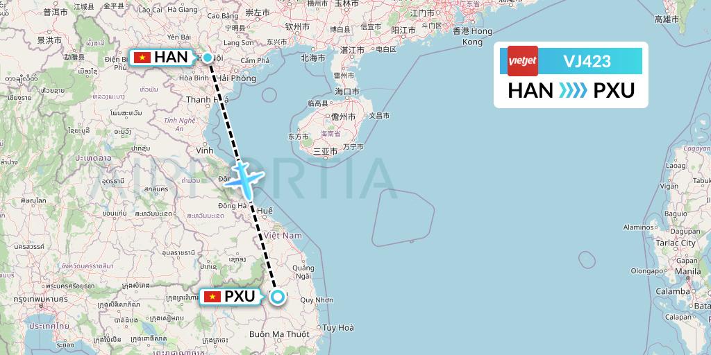 VJ423 VietJet Air Flight Map: Hanoi to Pleiku