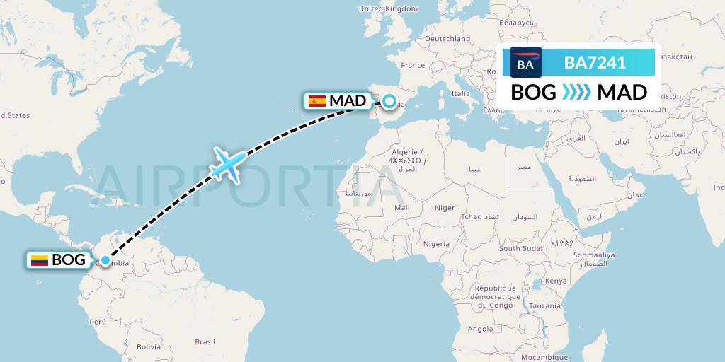 BA7241 British Airways Flight Map: Bogota to Madrid