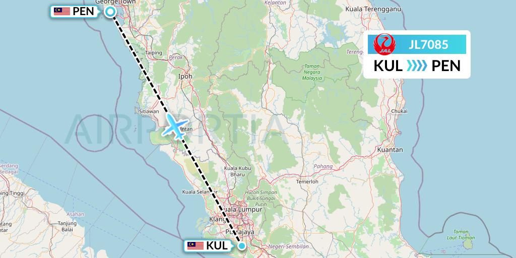 JL7085 Japan Airlines Flight Map: Kuala Lumpur to Penang