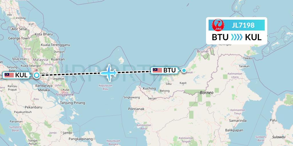 JL7198 Japan Airlines Flight Map: Bintulu to Kuala Lumpur