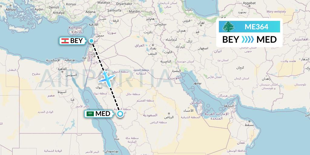 ME364 MEA Flight Map: Beirut to Medina