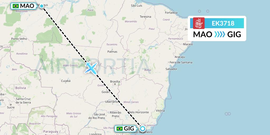 EK3718 Emirates Flight Map: Manaus to Rio de Janeiro