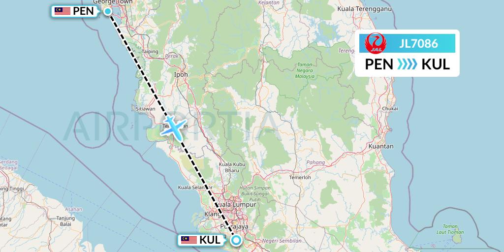 JL7086 Japan Airlines Flight Map: Penang to Kuala Lumpur