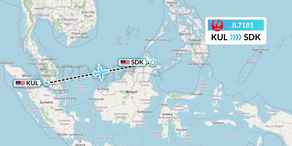 JL7181 Japan Airlines Flight Map: Kuala Lumpur to Sandakan