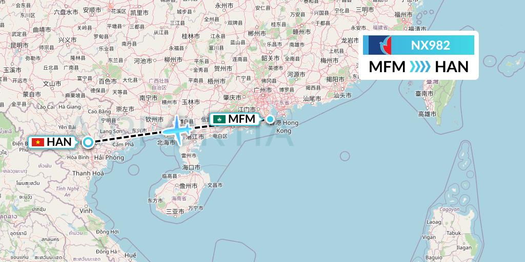 NX982 Air Macau Flight Map: Macau to Hanoi