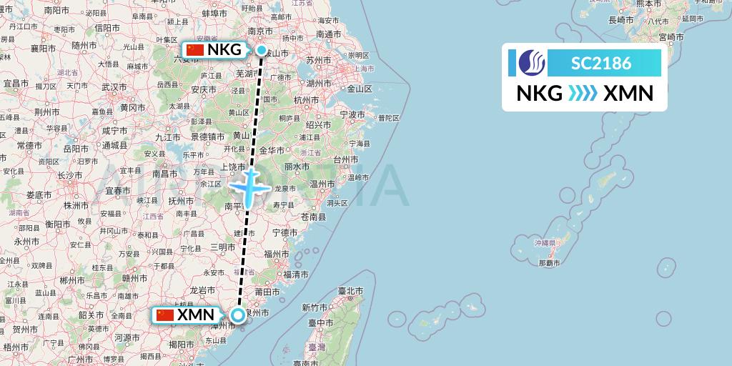 SC2186 Shandong Airlines Flight Map: Nanjing to Xiamen